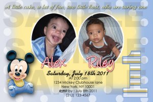 Mickey Mouse Twins First Birthday Invitaions. 4 x 6 you print High Res digital file