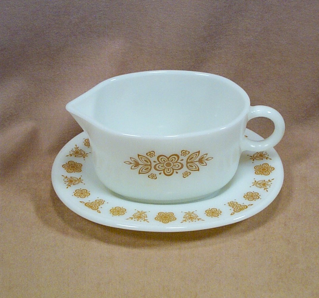 Vintage Corelle Butterfly Gold Gravy Boat with Underplate Pyrex Compatible