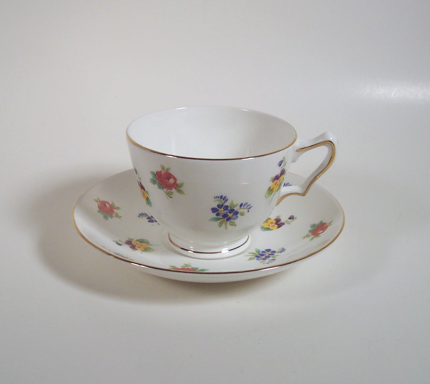 Crown Staffordshire Cup and Saucer Floral Bouquet Gold trim Smooth edge Made in England