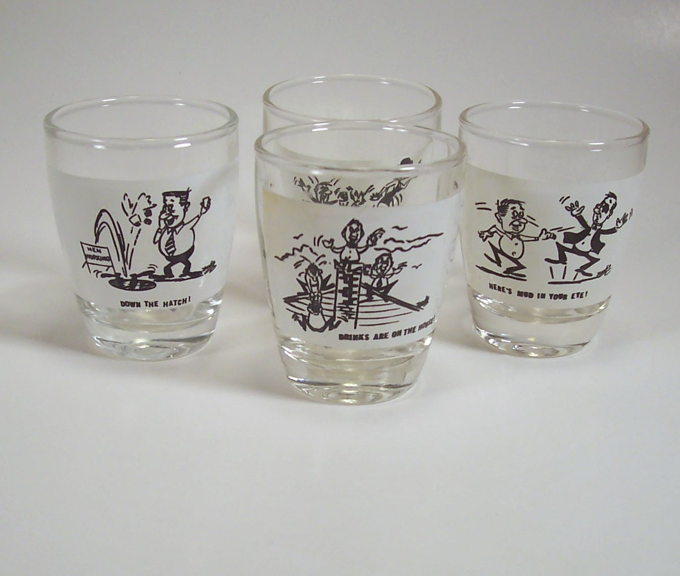 Set of 4 Vintage Cartoon Shot Glasses Mid Century Modern Humor