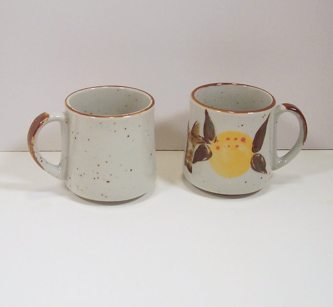 Pair of Ceramic Mugs Made in Korea Beige & Brown Stoneware with fruit design 1970s