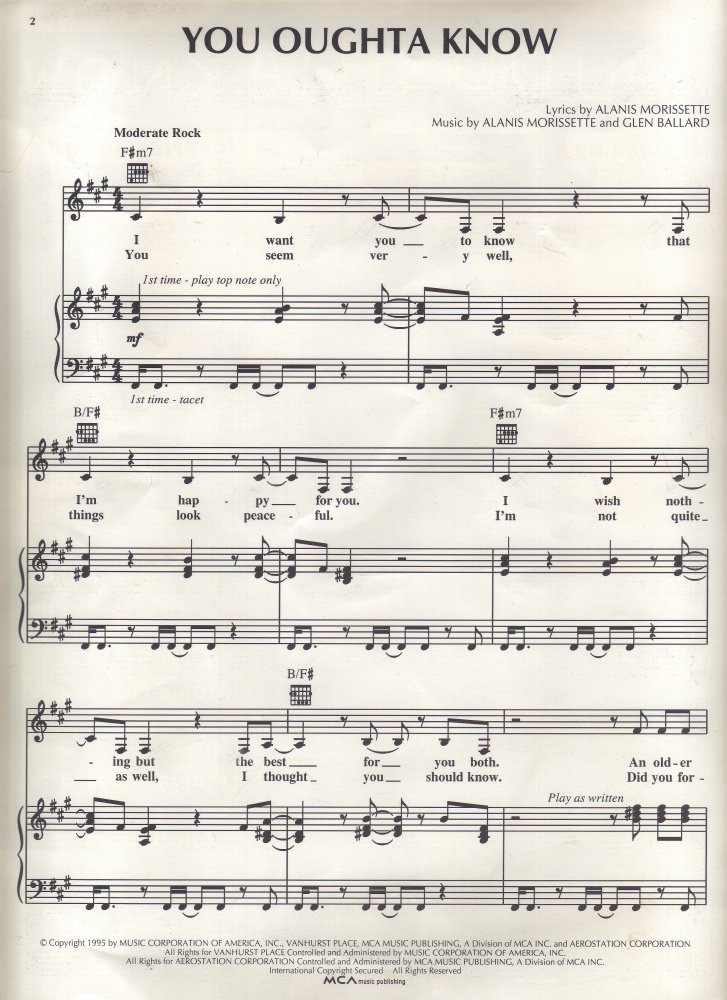 You Oughta Know Alanis Morissette original sheet music 1995 piano vocal ...