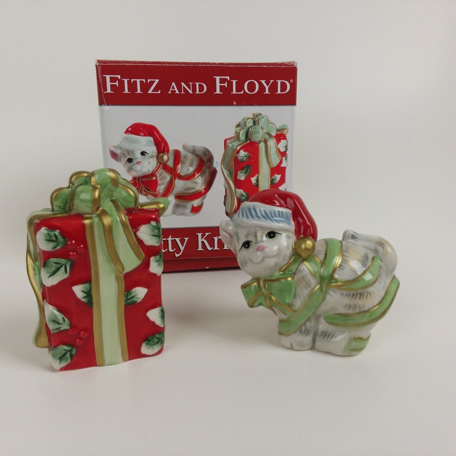 Fitz & Floyd Kitty Kringle Salt and Pepper Shakers in original box  appear unused