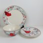 ~Cracker Barrel Red Cardinal Winter Berry 3 pc Place Setting Dinner Salad & Bowl