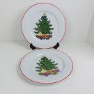 Cuthbertson American Christmas Tree Set of 2  Dinner Plates Red Trim Holiday
