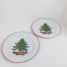Cuthbertson American Christmas Tree Set of 2  Dinner Plates with slight damage Red Trim Holiday