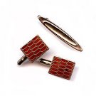 Goldtone & Brown Insets Cufflinks & Tie Clasp