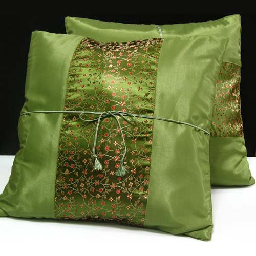 Pair of Silk Decorative Pillow Case Cover Cushion Green With Floral Pattern
