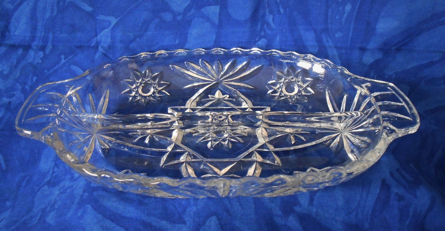 Vtg. Oval Clear Cut Glass Scalloped Divided Serving Bowl W/ Handles