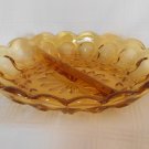 Vintage Amber Glass Divided Dish Bowl Oval w/ Thumbprint Pattern Scalloped Edge