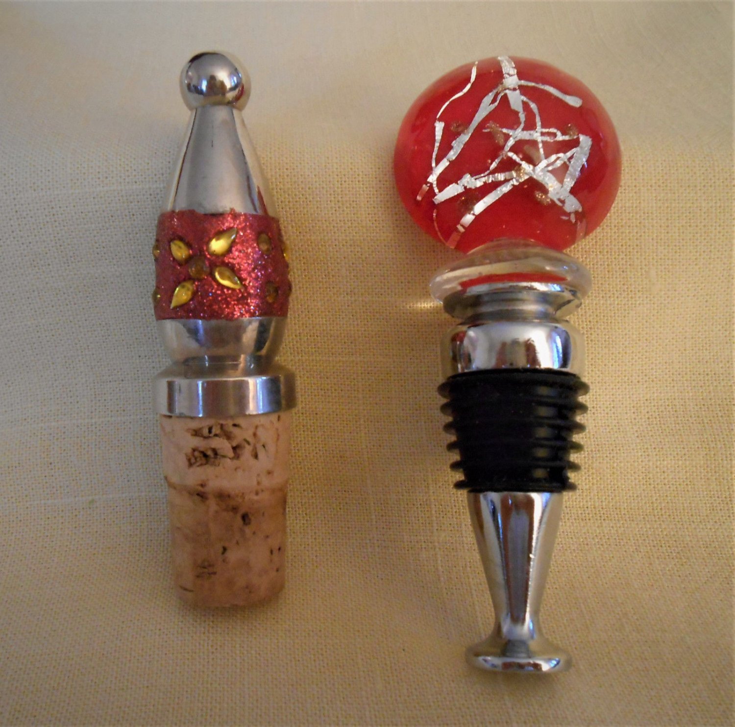 2 Used Wine Bottle Stoppers Metal, Glass, Rubber, Cork