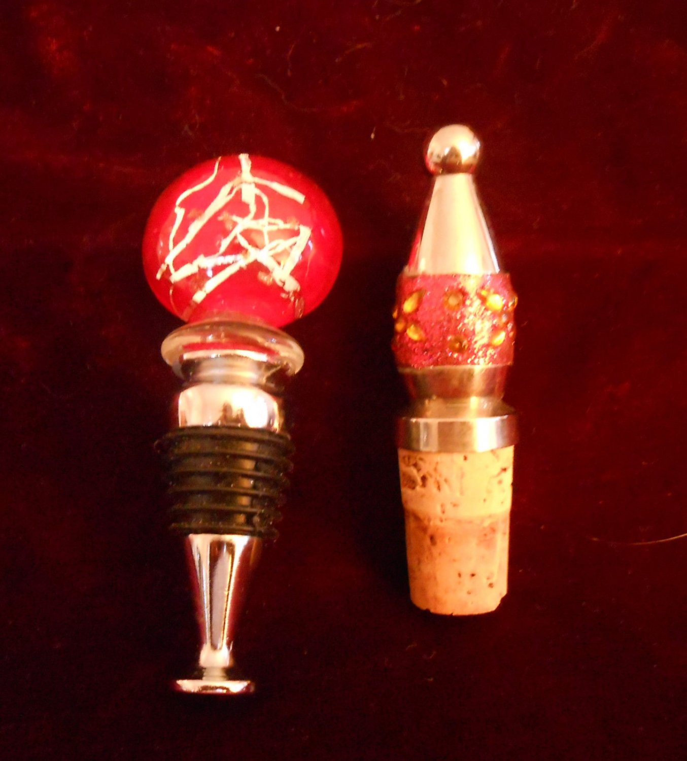 2 Used Wine Bottle Stoppers Metal, Glass, Rubber, Cork