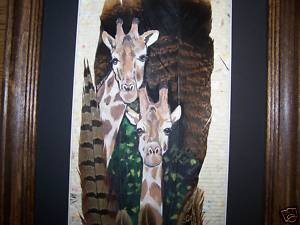 Giraffe Pair Feather Art WILD Turkey Tail Hand Painted  Sue Perry Rufus Original