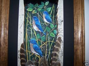 BLUE BIRDS WILD Turkey TAIL Feathers Hand Painted ART ! Sue Perry Rufus Original