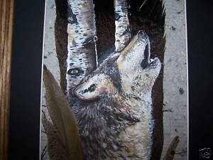Howling WOLF Wild Turkey TAIL Feathers Hand Painted  Sue Perry Rufus Original ART