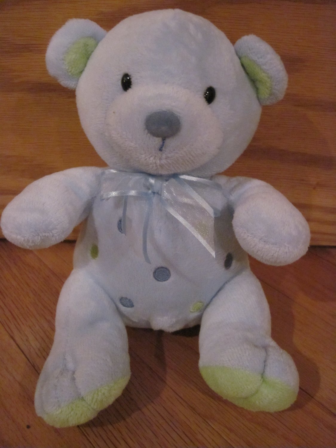 Carters Just One Year Plush Musical Wind Up Teddy Bear Blue Green Polka Dots