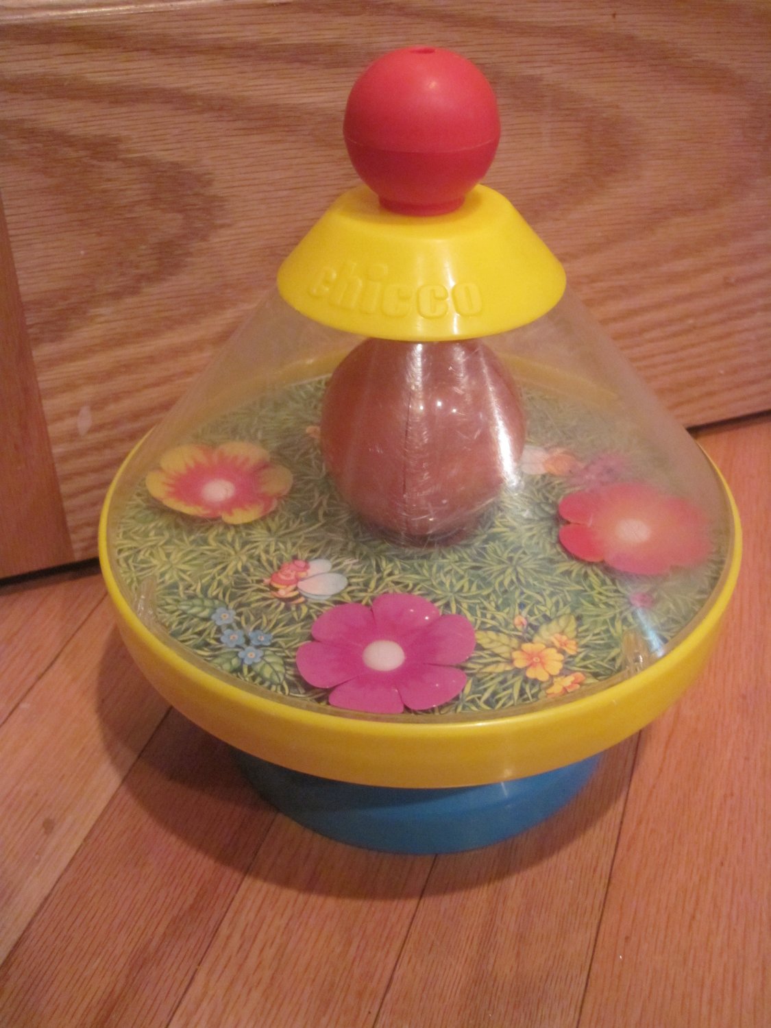 Vintage Chicco Spinning Bee Flowers Bell Toy Yellow, Orange and Blue