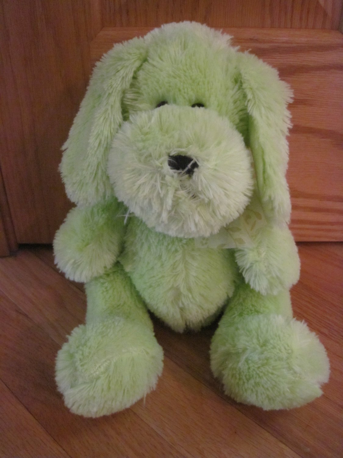 Sugar Loaf Green Plush Puppy Dog with Yellow Leaf Vine Ribbon