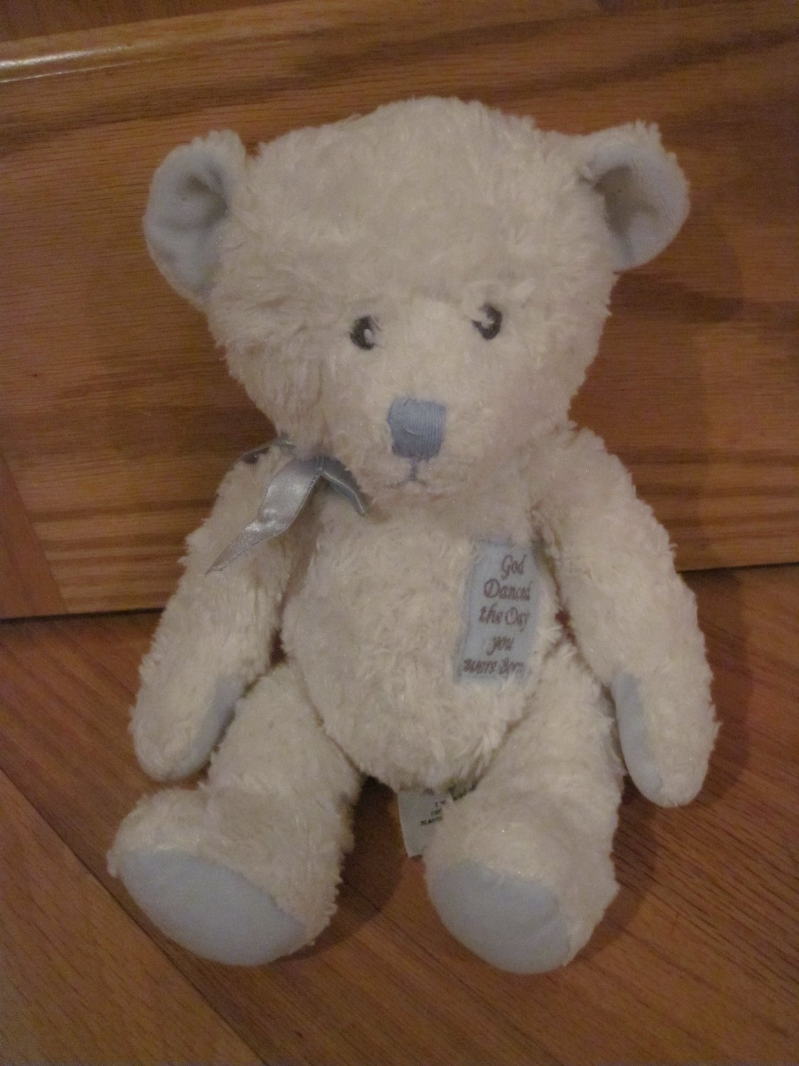 Russ Berrie White Plush Teddy Bear Blue Ribbon Patch God Danced The Day ...