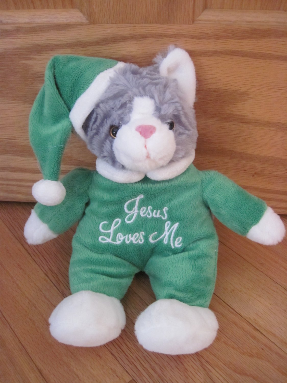 DanDee Gray Plush Kitty Cat Singing Jesus Loves Me Green Santa Pajamas Hat Christmas Toy