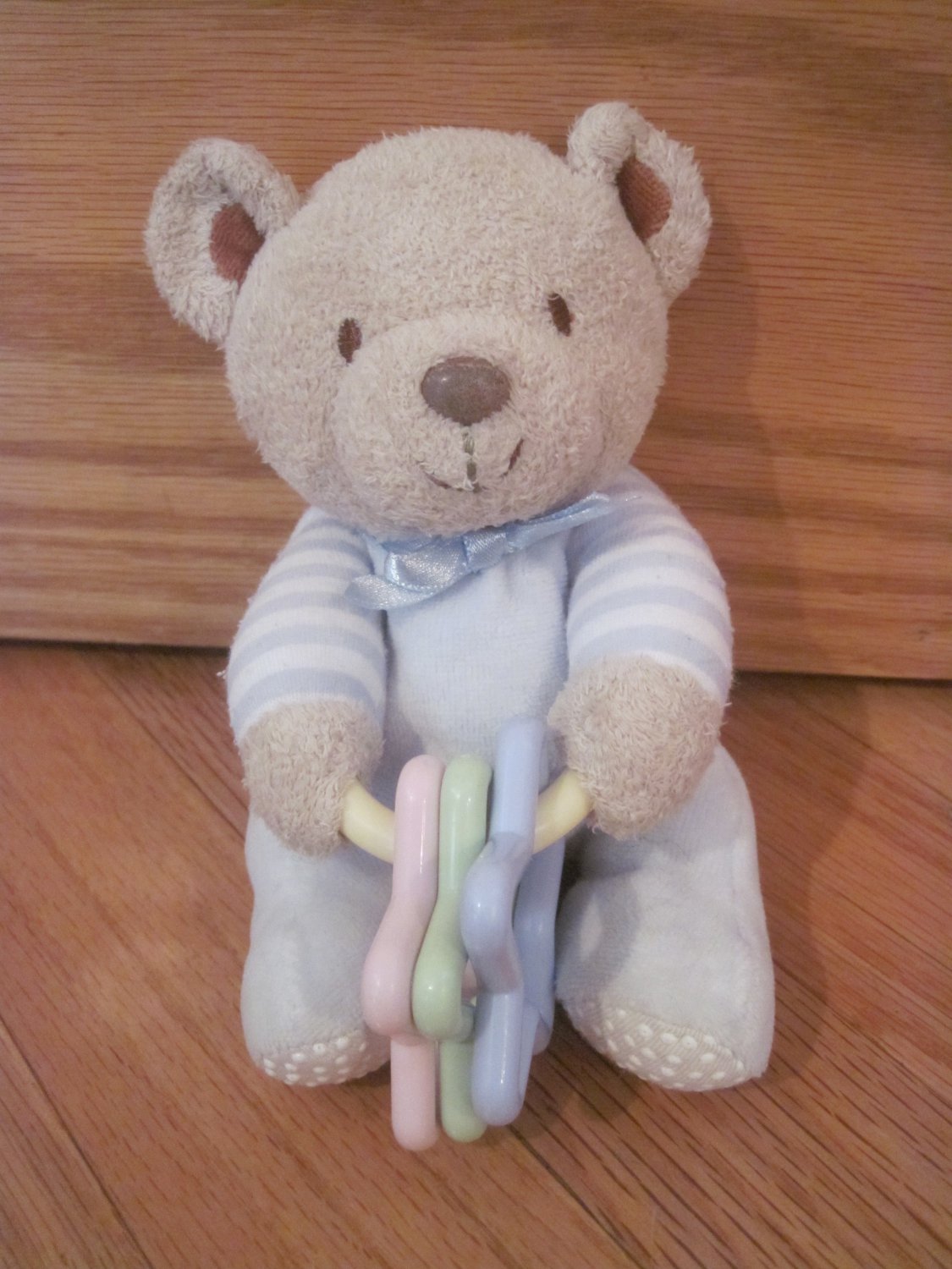 blue and white striped teddy bear