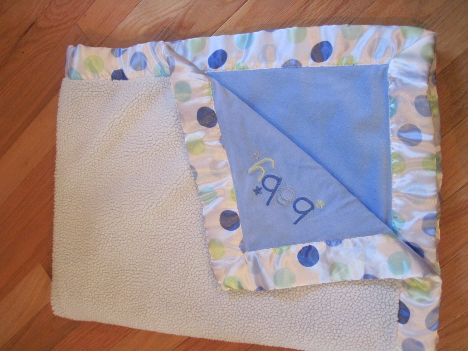 Carters Just One Year Blue Velour Baby Blanket Sherpa Back Satin Polka