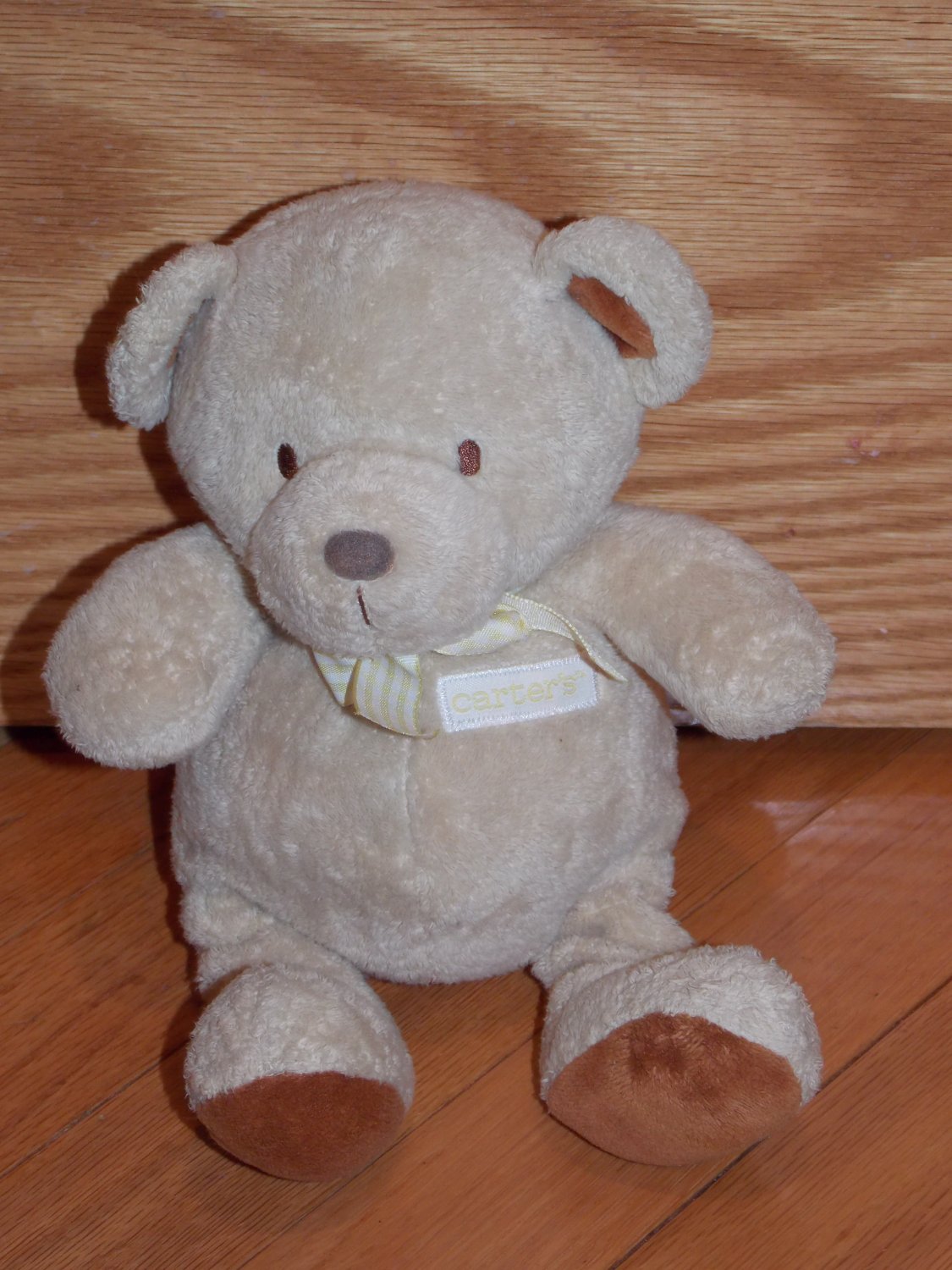 Carters Just One Year Tan Beige Plush Teddy Bear Rattle Yellow Gingham Bow Style 4461