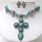 Turquoise deco cross pendant necklace earring set