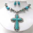 Crystal and turquoise deco cross pendant necklace earring set