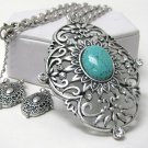 Turquoise and crystal metal filigree large pendant necklace earring set
