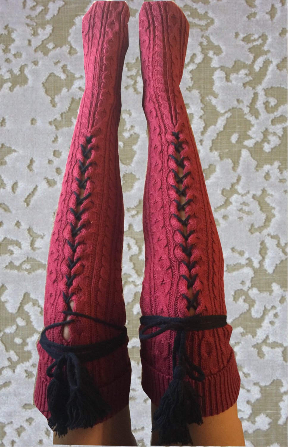 Merino Wool Cable Knit Over The Knee Tall Red Socks