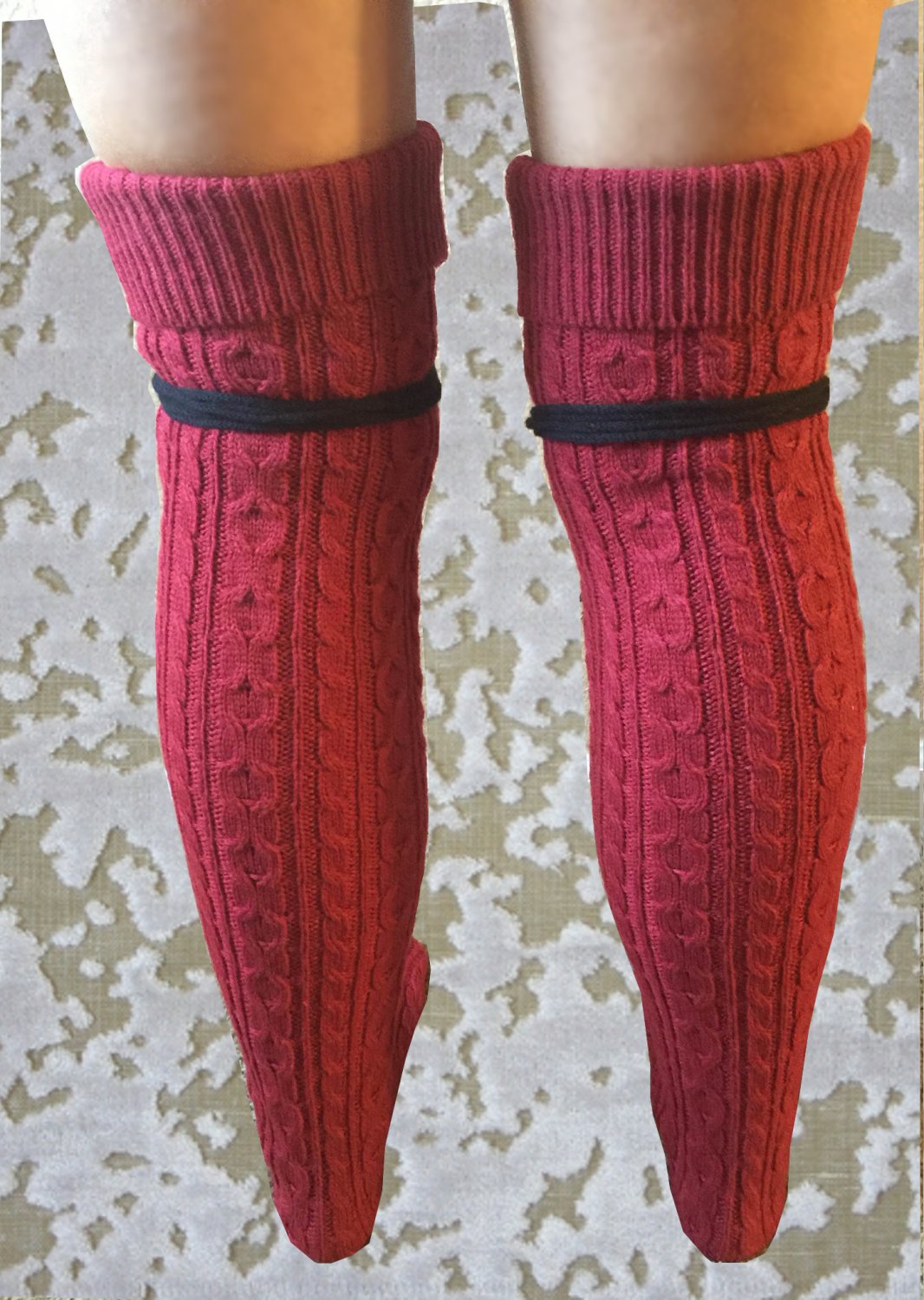 Merino Wool Cable Knit Over The Knee Tall Red Socks