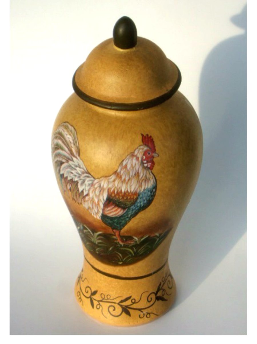 Country Rooster Ginger Jar with Lid