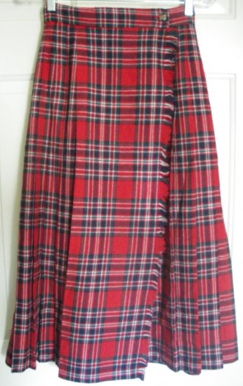 CHARTER CLUB Long Red PLEATED PLAID Wrap Wool Skirt size 4P