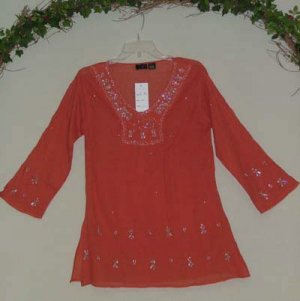 China Red FAB Beaded Netting & Sequins Unique Tunic Sm