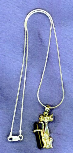 Sterling Silver CAT w/Onyx Crystal Pendant! 16" Chain