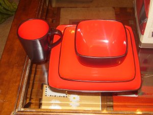 Red and Black Stoneware Dishware Set New Still in Box