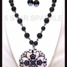 Black Bead Chain Necklace & Earring Set w Shell Pendant