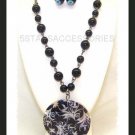 Long Black Bead Chain Necklace Set w/ Round Pendant NEW