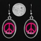 NEW PEACE SIGN HOT PINK SILVER TONE DANGLE EARRINGS