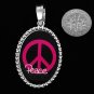 NEW PEACE SIGN HOT PINK SILVER TONE OVAL PENDANT