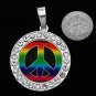 NEW PEACE SIGN SILVER TONE round Pendant Rhinestones