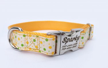 Laser Engraved Yellow Polka Dot Nylon Dog Collar 1 inch width by Ruggit Collars