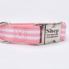 Laser Engraved Pink and White Stripped Nylon Dog Collar 1 inch width by Ruggit Collars