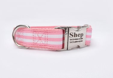 Laser Engraved Pink and White Stripped Nylon Dog Collar 1 inch width by Ruggit Collars