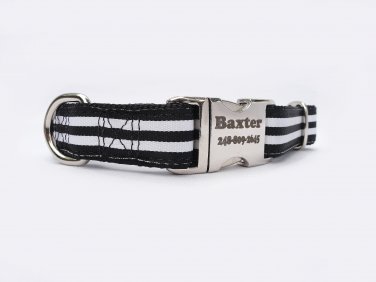 Laser Engraved Black and White Stripped Nylon Dog Collar 1 inch width by Ruggit Collars