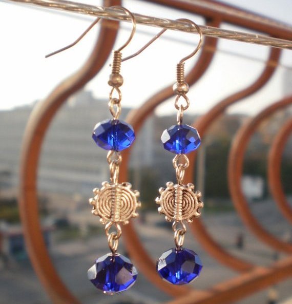 Beautiful Dark Cobalt Crystal Earrings Dangle Sun Earrings Elegant Handcrafted Unique Design Jewelry
