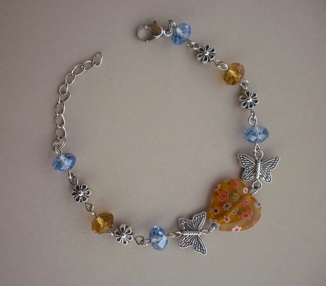 Murano Glass Yellow & Blue Crystal Beaded Bracelet, Butterflies/ Flowers Handcrafted Jewelry