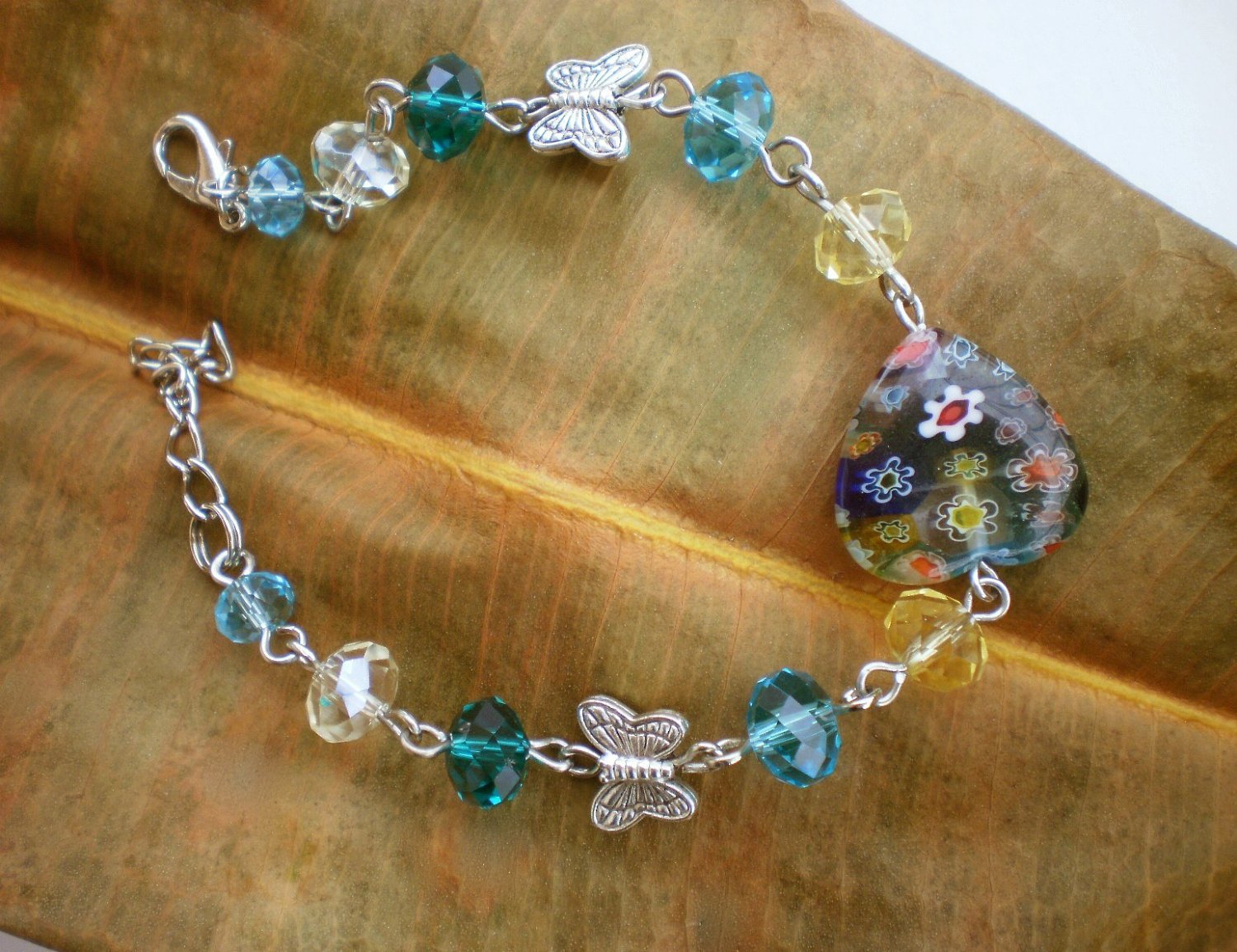 Colorful Crystal Beaded Bracelet/ Blue Zircon/ Millefiori Glass Heart Element / Butterfly