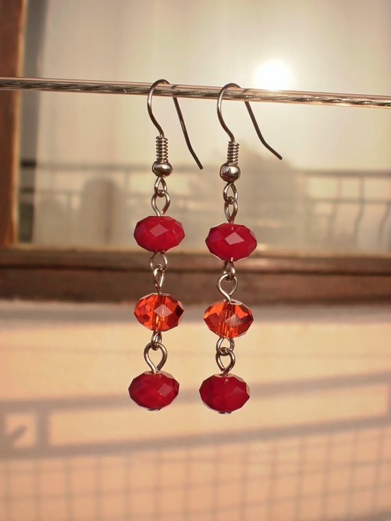 Raspberry Red Light Siam Crystal Beaded Earrings Handcrafted Designer Jewelry Unique Gift